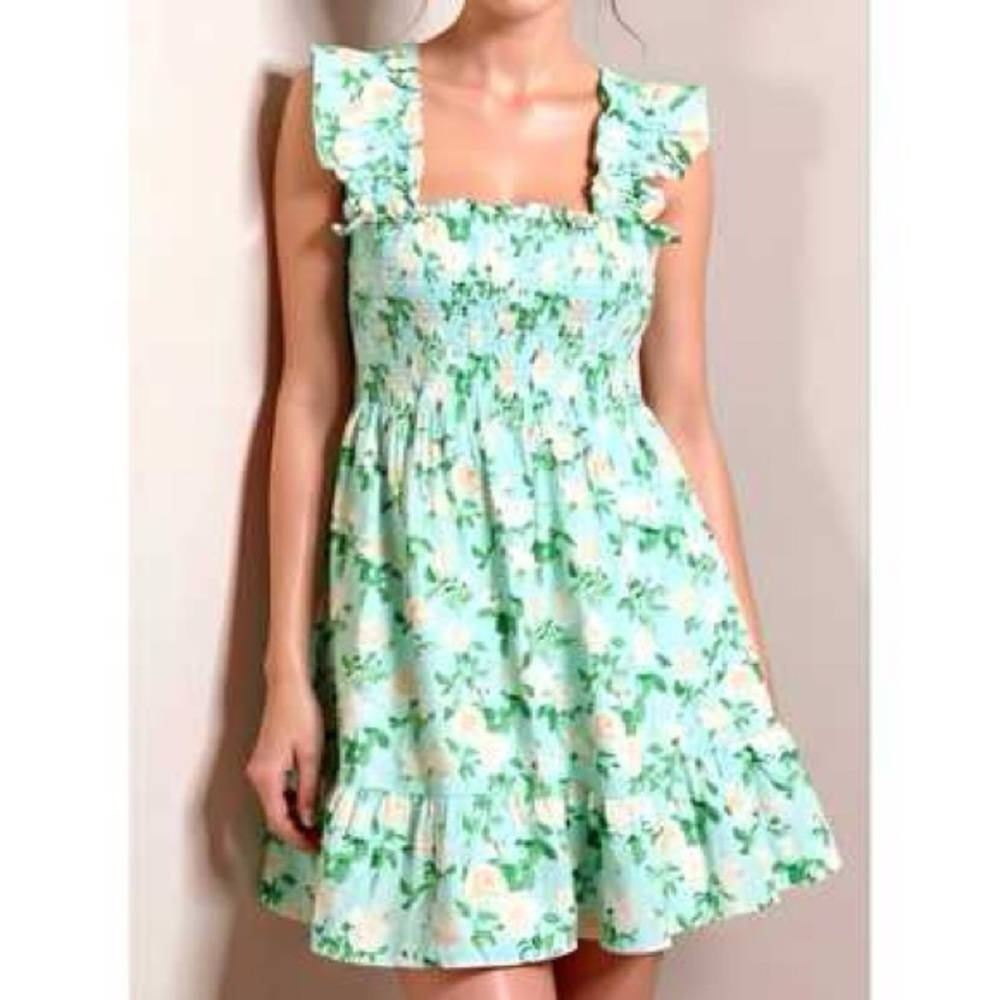 Hill House Mini Dress in Mint with Peach Floral